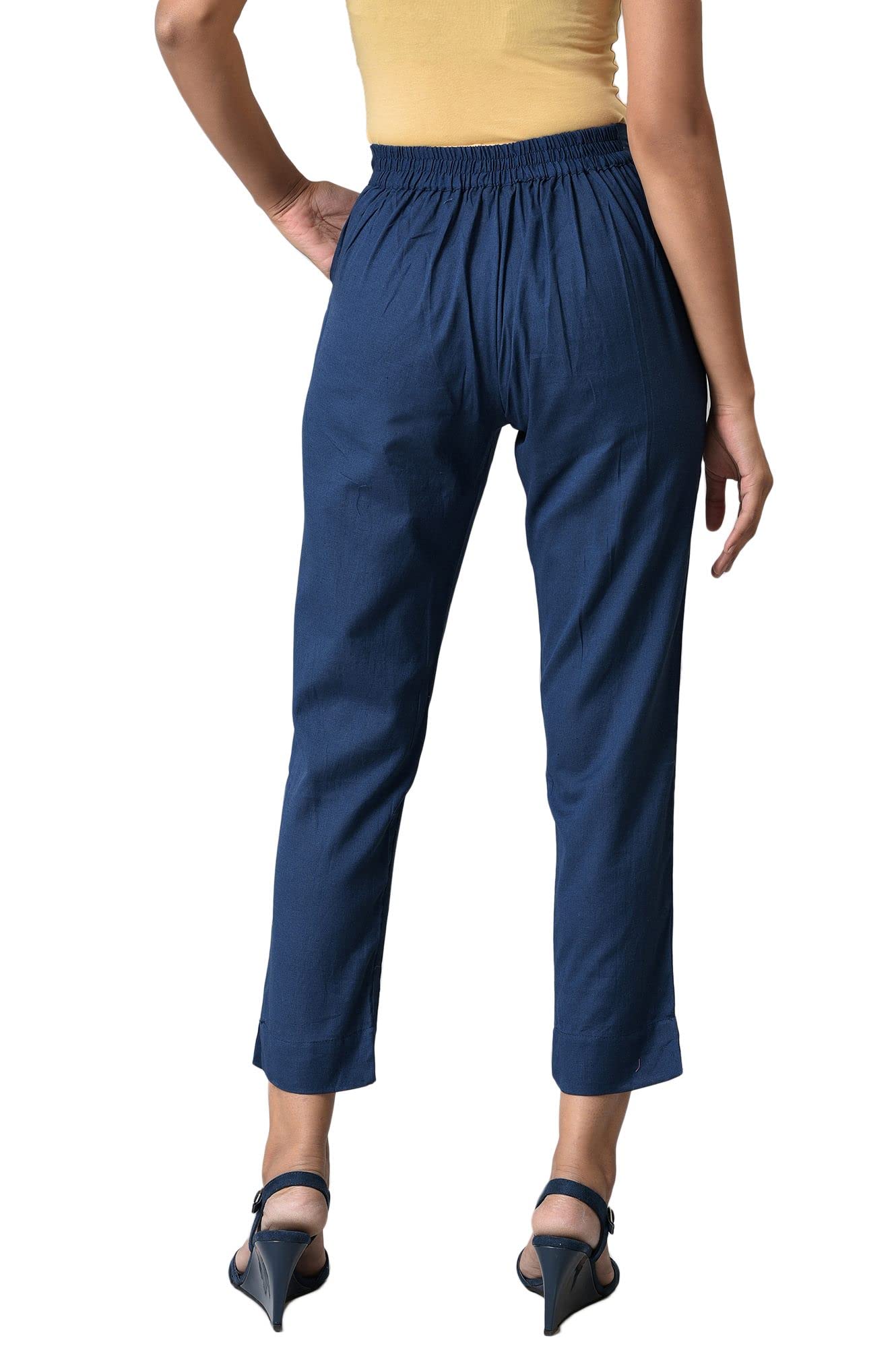 Aurelia Blue Cotton Blend Solid Regular Trousers