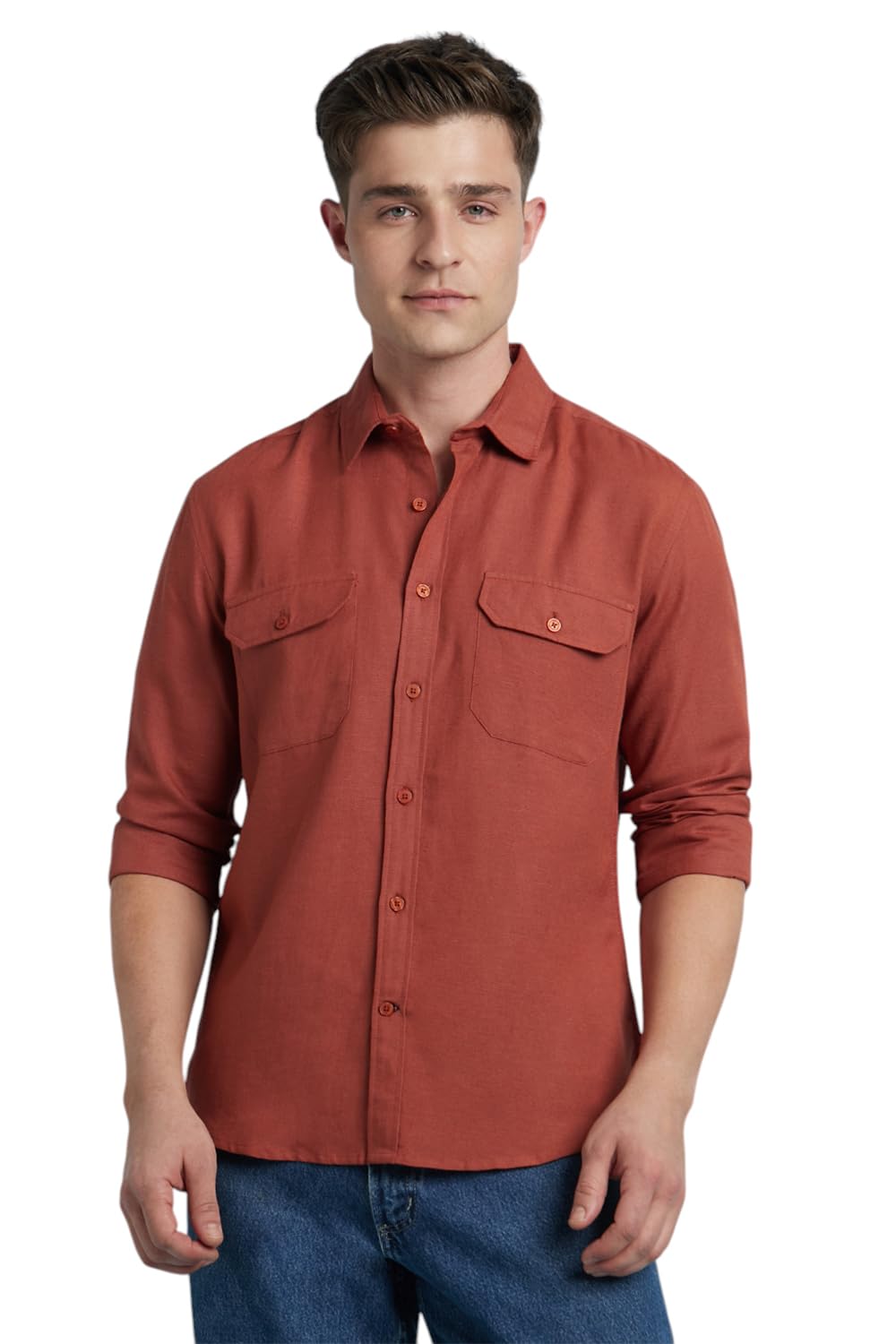 Dennis Lingo Men Linen Blend Regular Fit Solid Shirts Rust