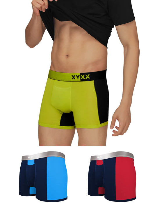 XYXX Mens Underwear Dualist IntelliSoft Antimicrobial Micro Modal Trunk Pack of 3 (Black Iris & Tango Red ; Black Iris & Brilli