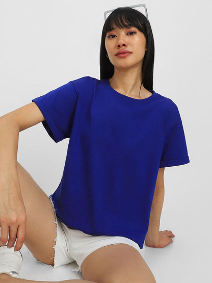 Juneberry Pure 100% Cotton Oversized Loose Baggy Fit Round Neck With Drop Shoulder Black & Royal Blue Half Sleeves Boyfriend T-S