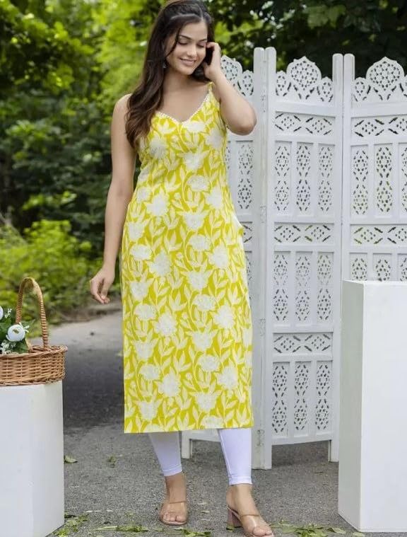 Modestouze Attires WomenS Floral Printed Knee Length Round Neck Sleeveless Rayon Kurti, Kurta Set For Women, Printed Kurti For