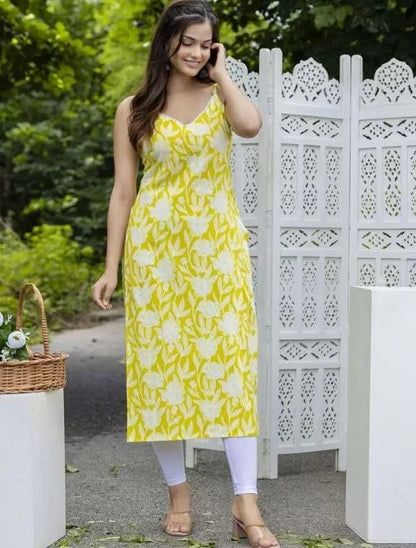 Modestouze Attires WomenS Floral Printed Knee Length Round Neck Sleeveless Rayon Kurti, Kurta Set For Women, Printed Kurti For