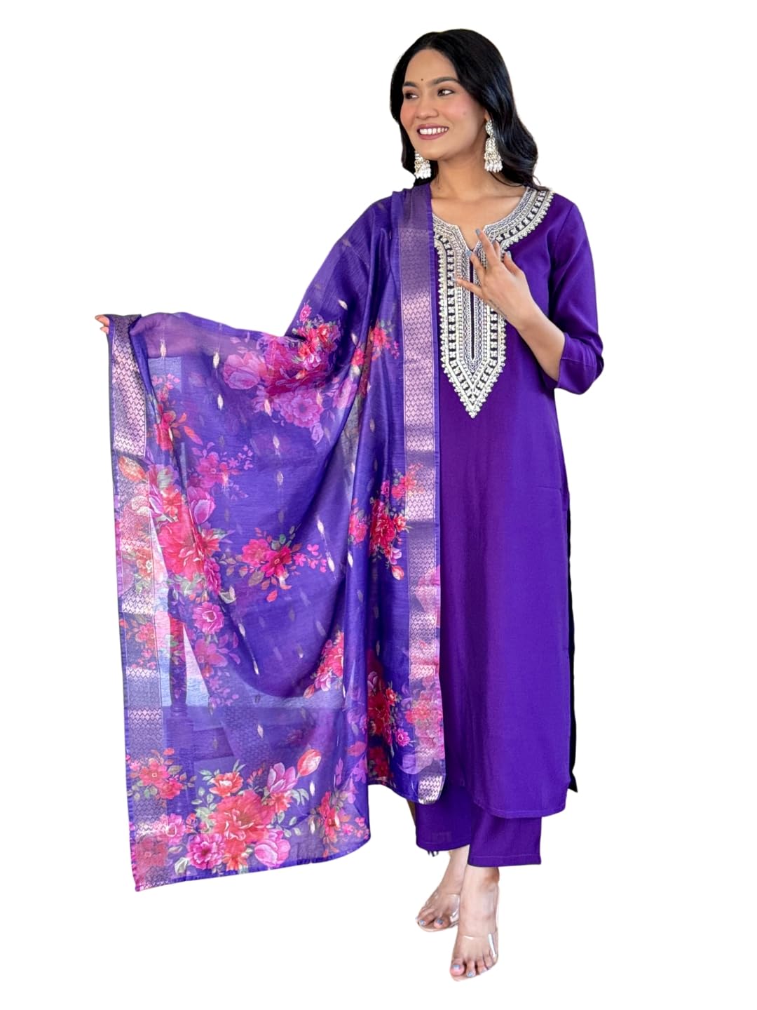 Naixa Womens Violate Chanderi Viscose Embroidered Straight Kurta with Chanderi Viscose Pant and Jacquard Silk Jacquard Dupatta