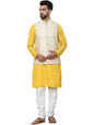 SOJANYA (Since 1958 Men's Cotton foil printed Mustard Kurta and White Pyjama With Embroidered Cream Nehru Jacket