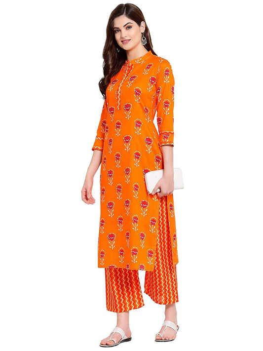 ANNI DESIGNER Women's Cotton Blend Kurta with Pant (KPT-COT-10033-ORANGE_Khaki_XX-Large)