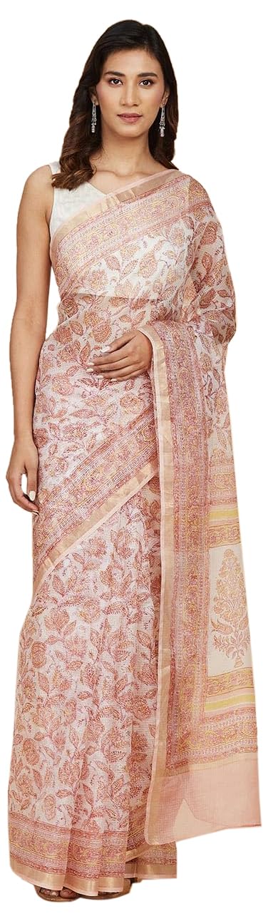 Fabindia WomenS Hand Block Silk Blend Sari (2111689Natural- Natural-Pink)