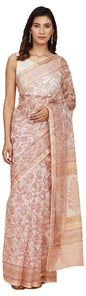 Fabindia WomenS Hand Block Silk Blend Sari (2111689Natural- Natural-Pink)
