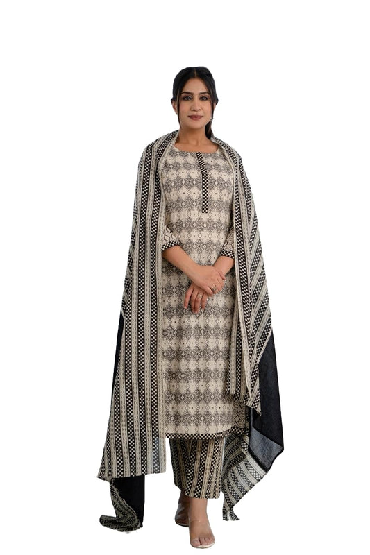 LookMark Women's Printed Cotton Blend Straight Kurta Pant Dupatta Set - Ethnic Elegance Embodied! Perfect for Every Occasion