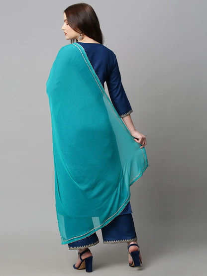 GoSriKi Women's Cotton Blend Solid Straight Kurta with Palazzos & with Dupatta (Dakum-GS)