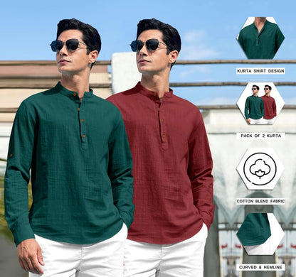 ROYALSCOUT Combo of Mens Solid Cotton Blend Full Sleeve Straight Kurta Shirt (Pack of 2) Green-Maroon