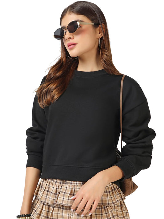 Bewakoof Heavy Duty 1.0 Womens Solid Oversized Fit Full Sleeve Round Neck Fleece Crop Sweatshirt_694421_Black_S