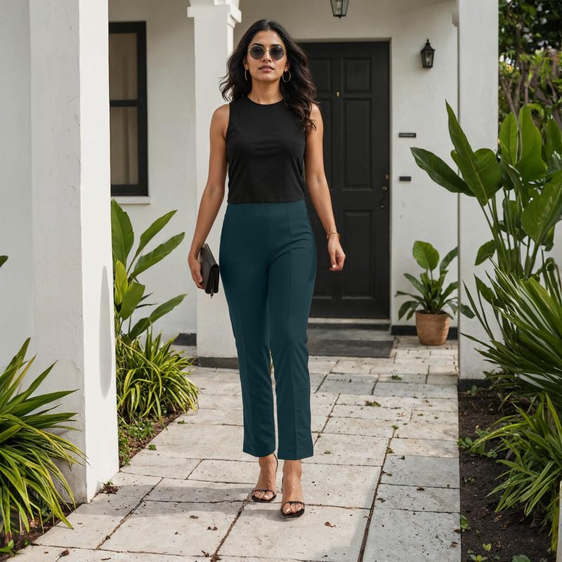 BlissClub Women The Ultimate High Rise Straight Pants|Trousers for Women|Straight Fit|Pintuck Design|Polyester,Blue