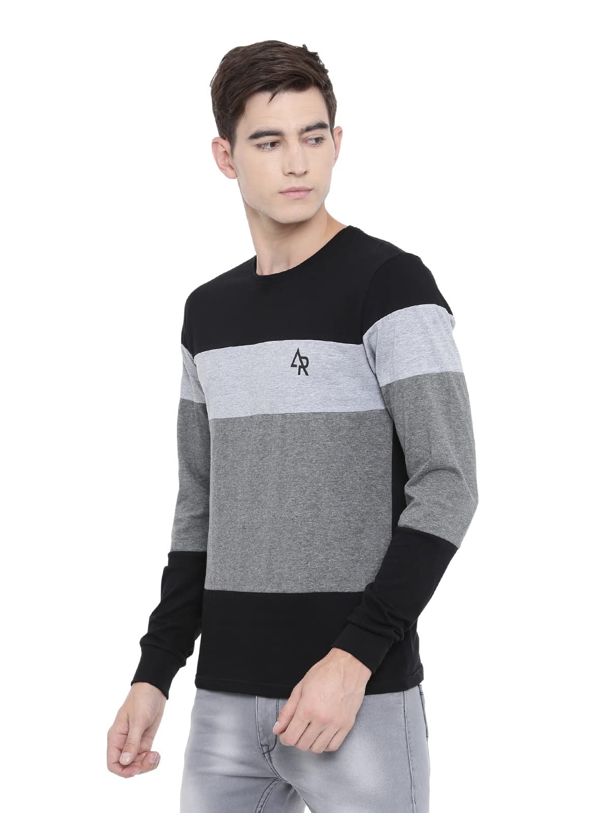 ADRO Men's Full Sleeve Cotton Color Block T-Shirts (FR4-4-BST-BL_Black)