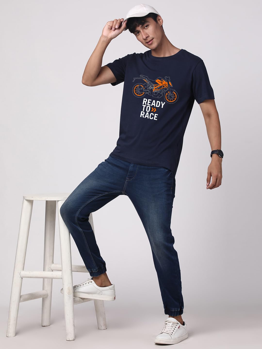 ADRO Men's Biker Design Printed 100% Cotton T-Shirt - Regular Fit, Printed T-Shirts for Men (RN24-KTM-NB_Navy)