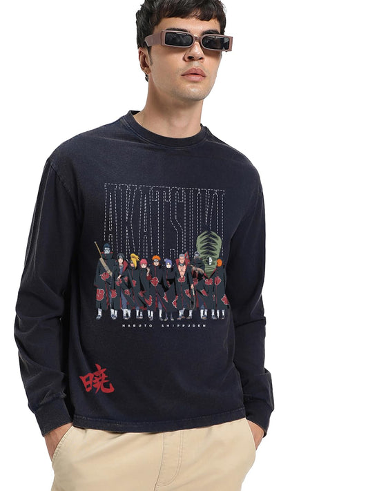 Bewakoof Official Naruto Merchandise Akatsuki Mens Graphic Print Oversized Fit Full Sleeve Round Neck Cotton T-Shirt_671356_Blu