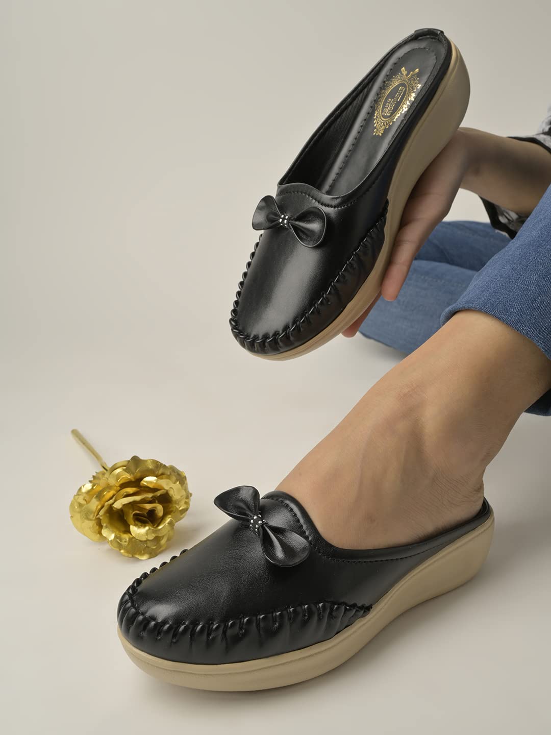 Shoetopia Upper Bow Detailed Black Slip-On Loafers for Women & Girls