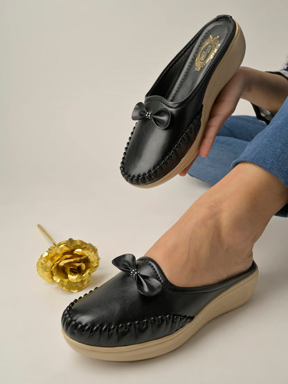Shoetopia Upper Bow Detailed Black Slip-On Loafers for Women & Girls