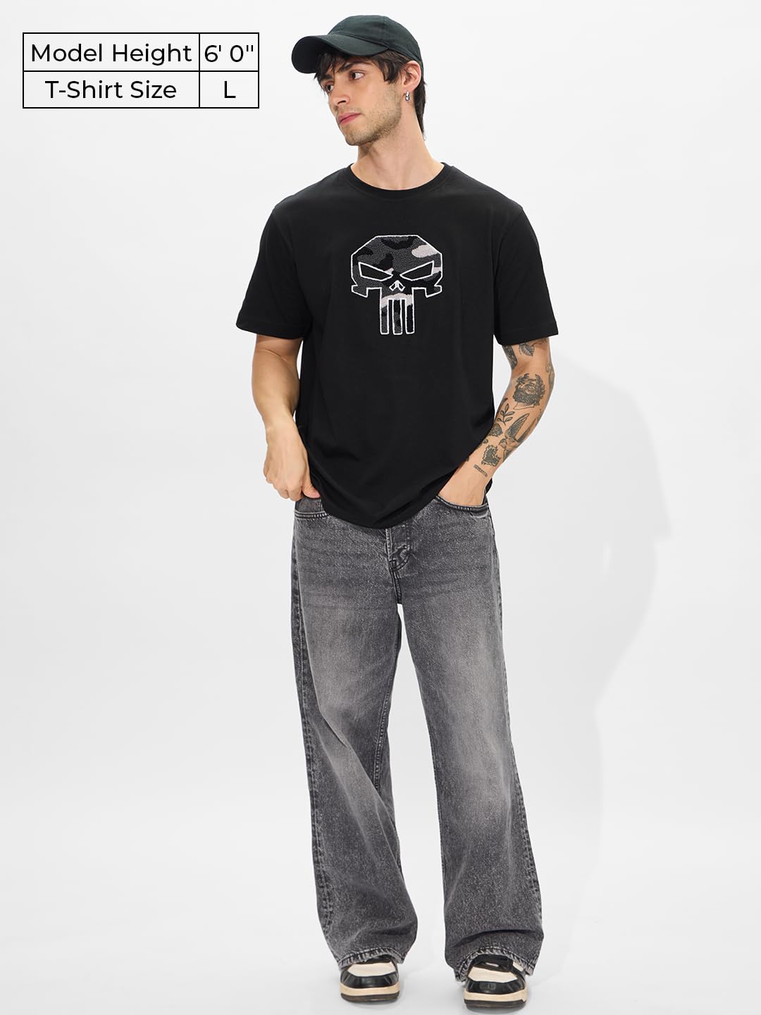 The Souled Store Official Punisher: Its Time Men and Boys Short Sleeves Round Neck Black Embroidered Cotton Regular Fit T-Shirt