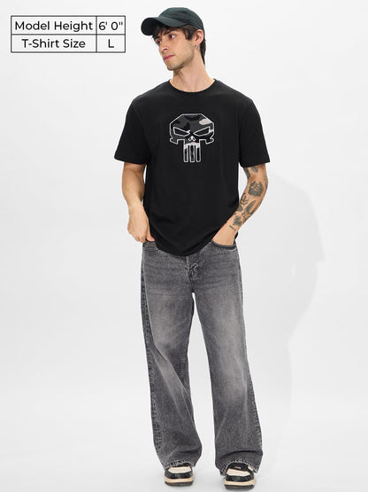 The Souled Store Official Punisher: Its Time Men and Boys Short Sleeves Round Neck Black Embroidered Cotton Regular Fit T-Shirt