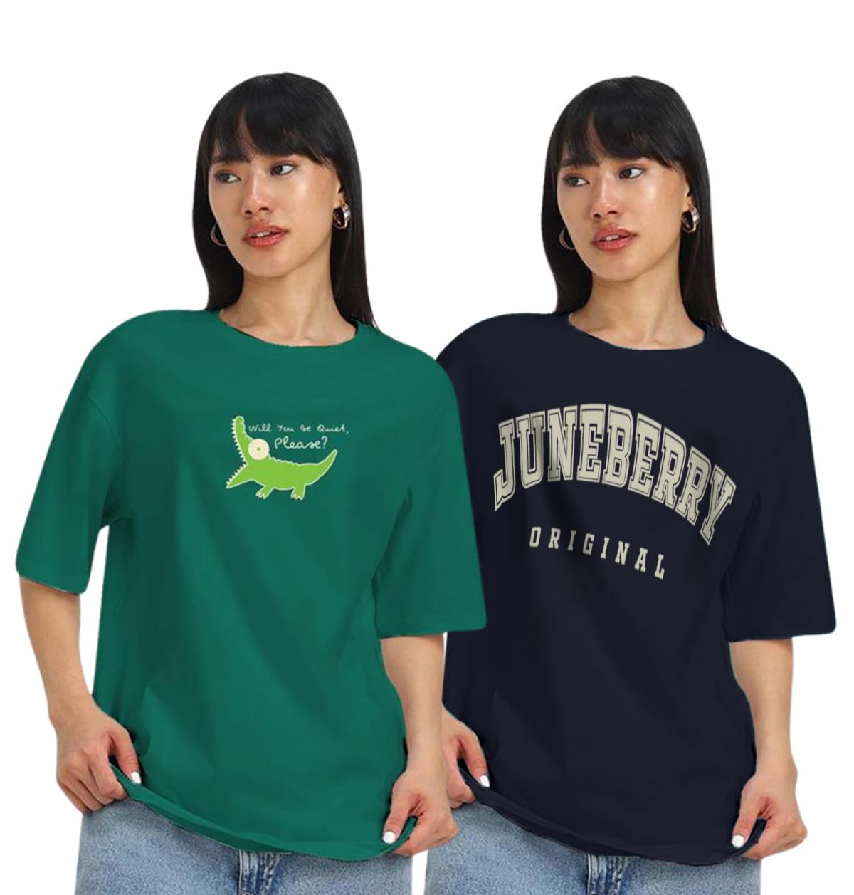 Juneberry Pack Of 2, 100% Pure Cotton, Round Neck, Oversized, Loose, Baggy Fit, Drop Shoulder, Graphic Printed, Half Sleeve T-Sh