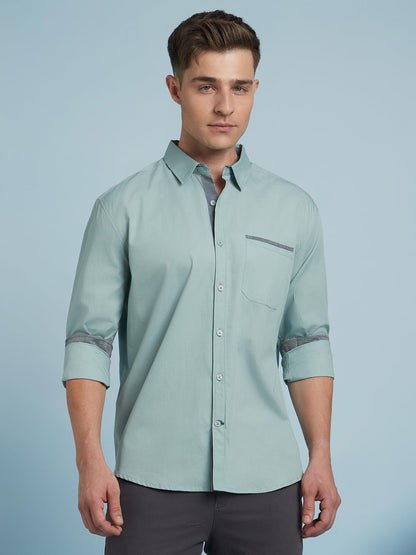 Dennis Lingo Men Cotton Regular Fit Solid Shirts Green