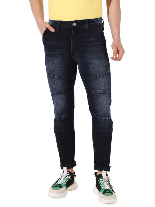 Campus Sutra Mens Classic Blue Textured Patterned Dark-Washed Regular Fit Denim Jeans | Premium Mid-Rise Cotton Stretchable Cra