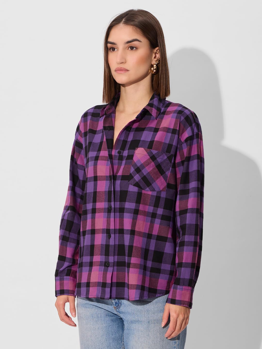 The Souled Store Plaid Shirt: Petunia Women and Girls Long Sleeve Collared Neck Button Down Boyfriend Shirts Womens Boyfriend Sh
