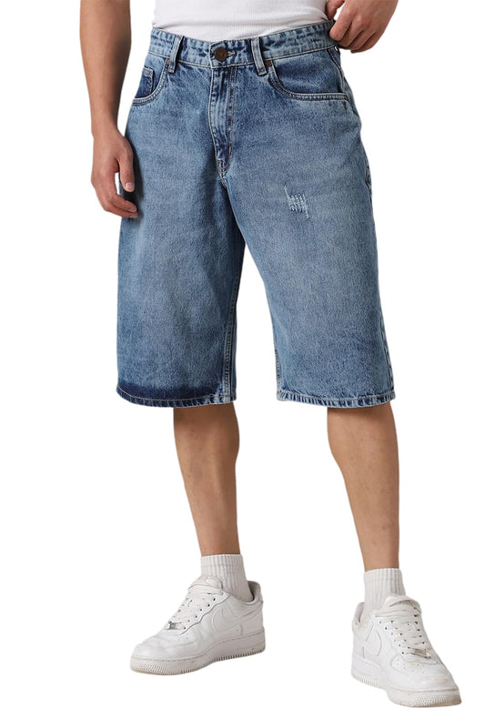 Hubberholme Men Cotton Washed Loose Fit Mid-Rise Shorts Indigo