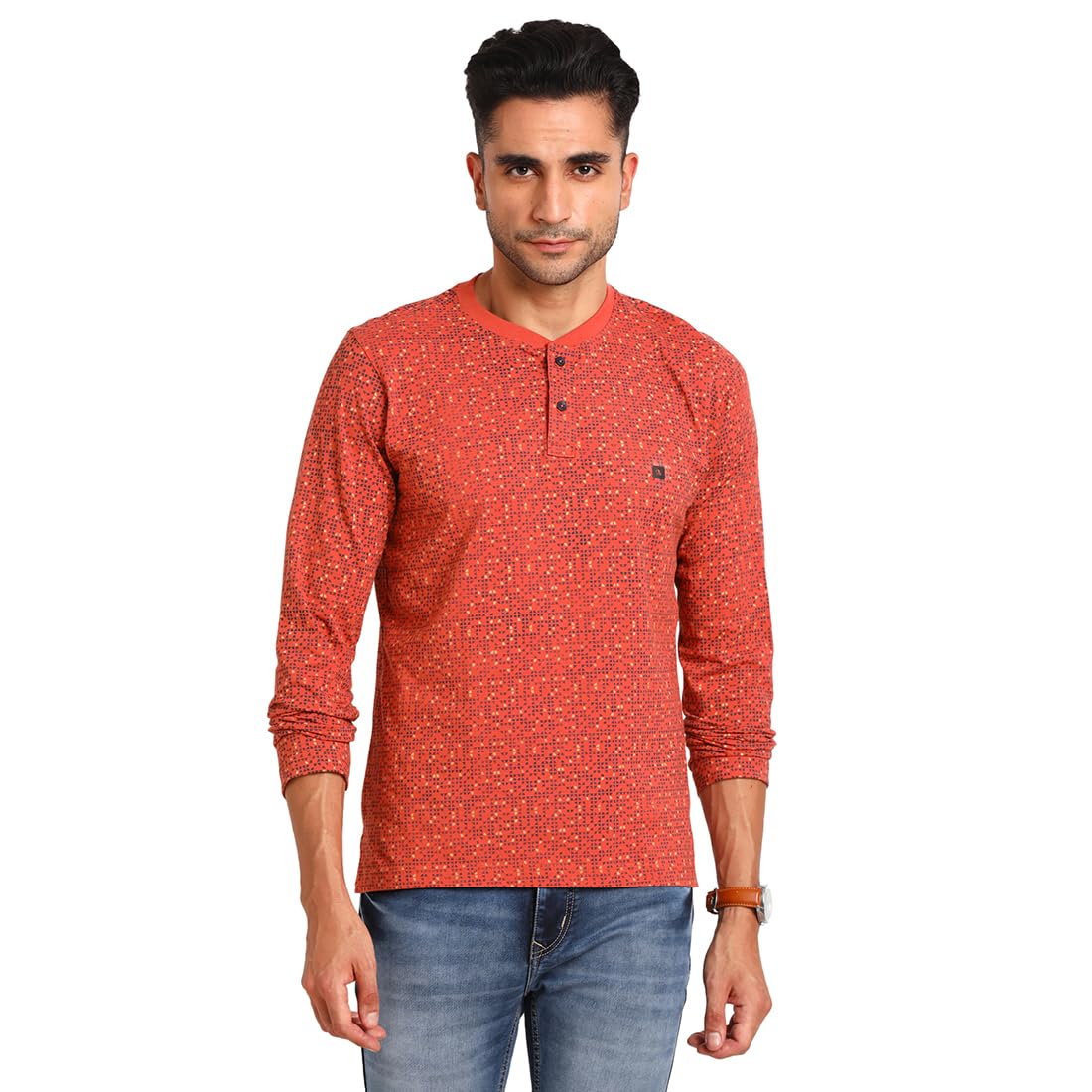 Turtle Men Knitted Orange Full Sleeve Casual Printed Polo Tshirt