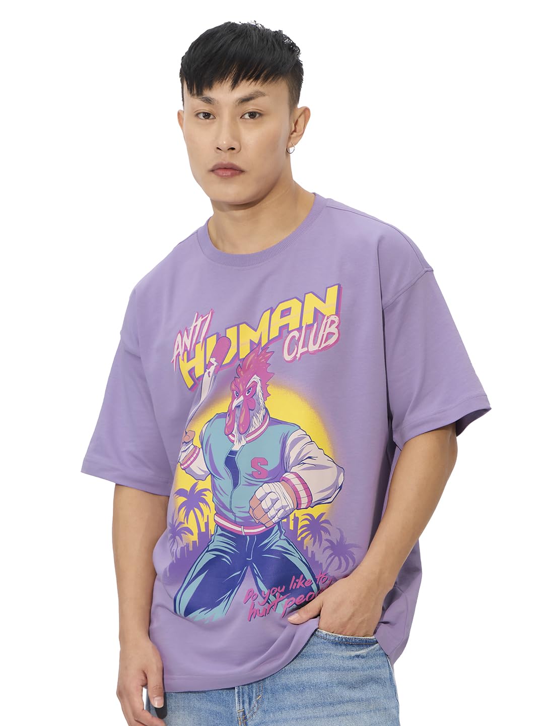 The Souled Store Anti - Human Oversized T-Shirt for Men Boys Cotton Casual Half Sleeves Baggy Loose Fit Drop Shoulder Round Neck