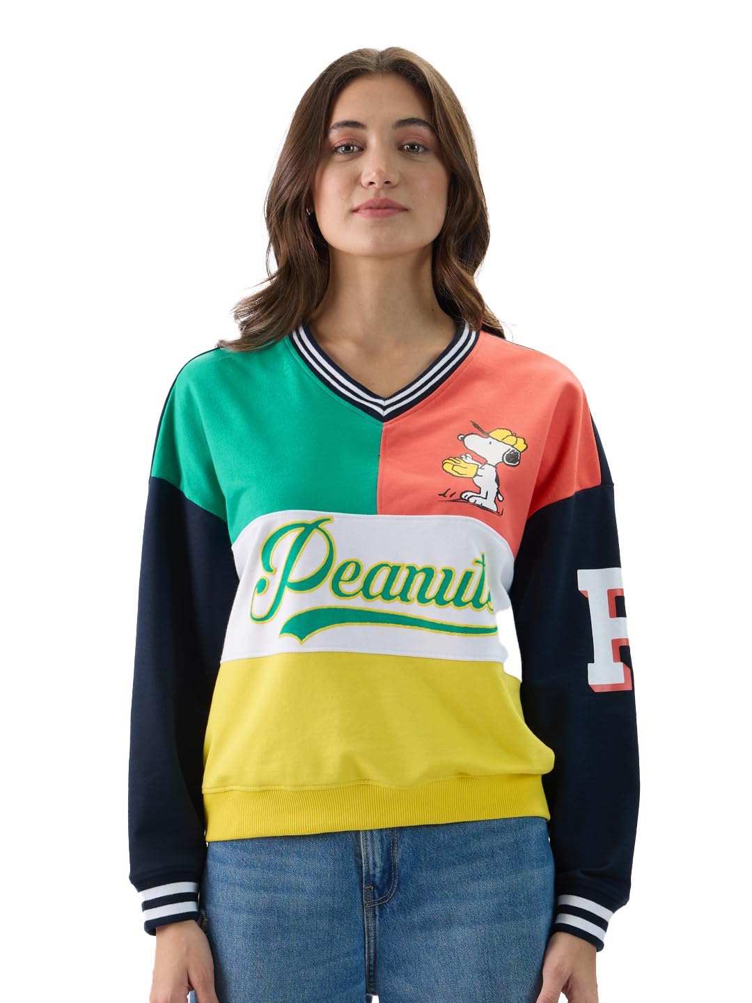 The Souled Store Official Peanuts: Baseball Women and Girls Long Sleeves V Neck Multicolor Graphic Printed Cotton Blend Oversize