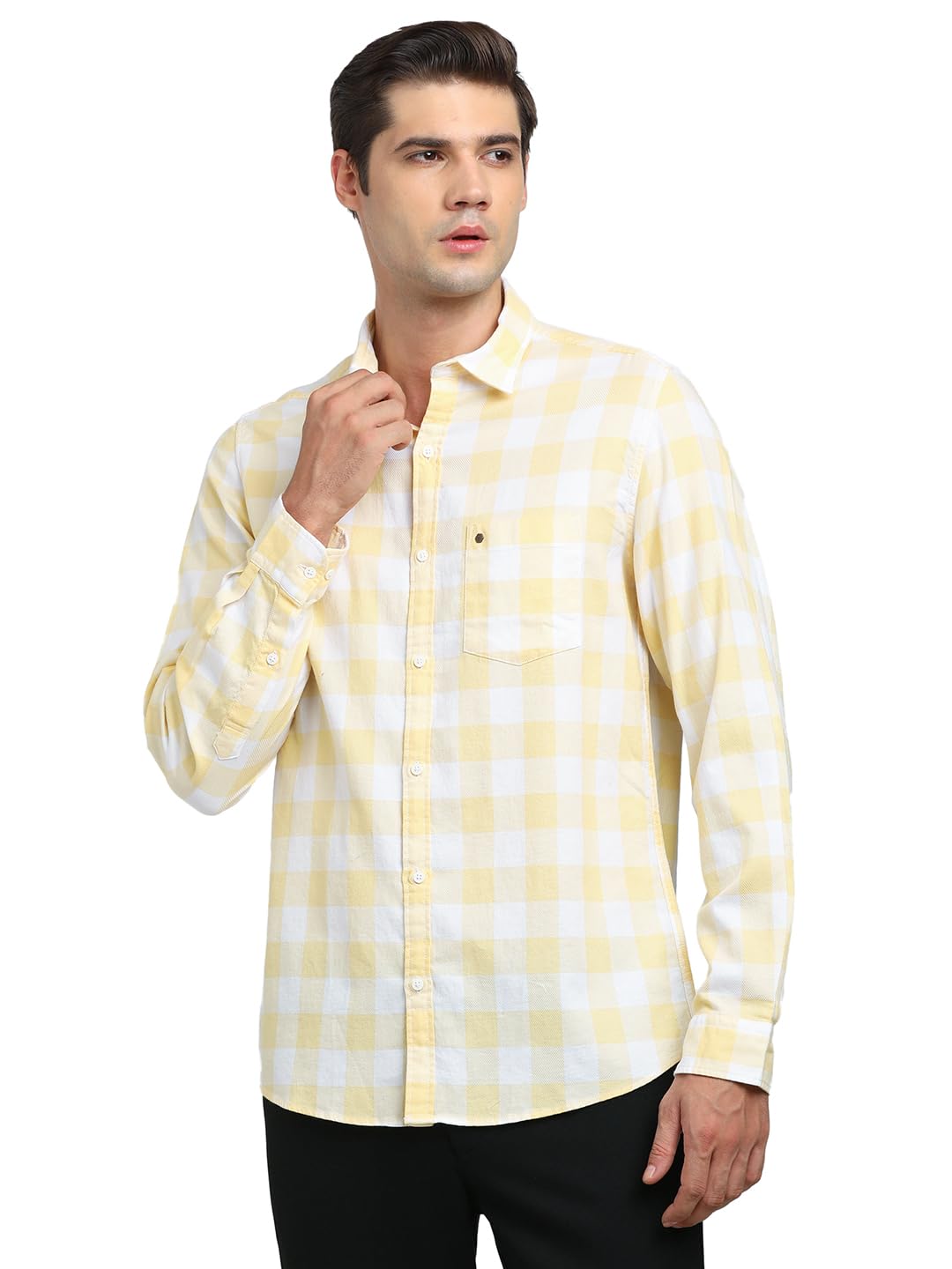 Turtle Men 100% Cotton Slim Fit Light Yellow Casual Shirt