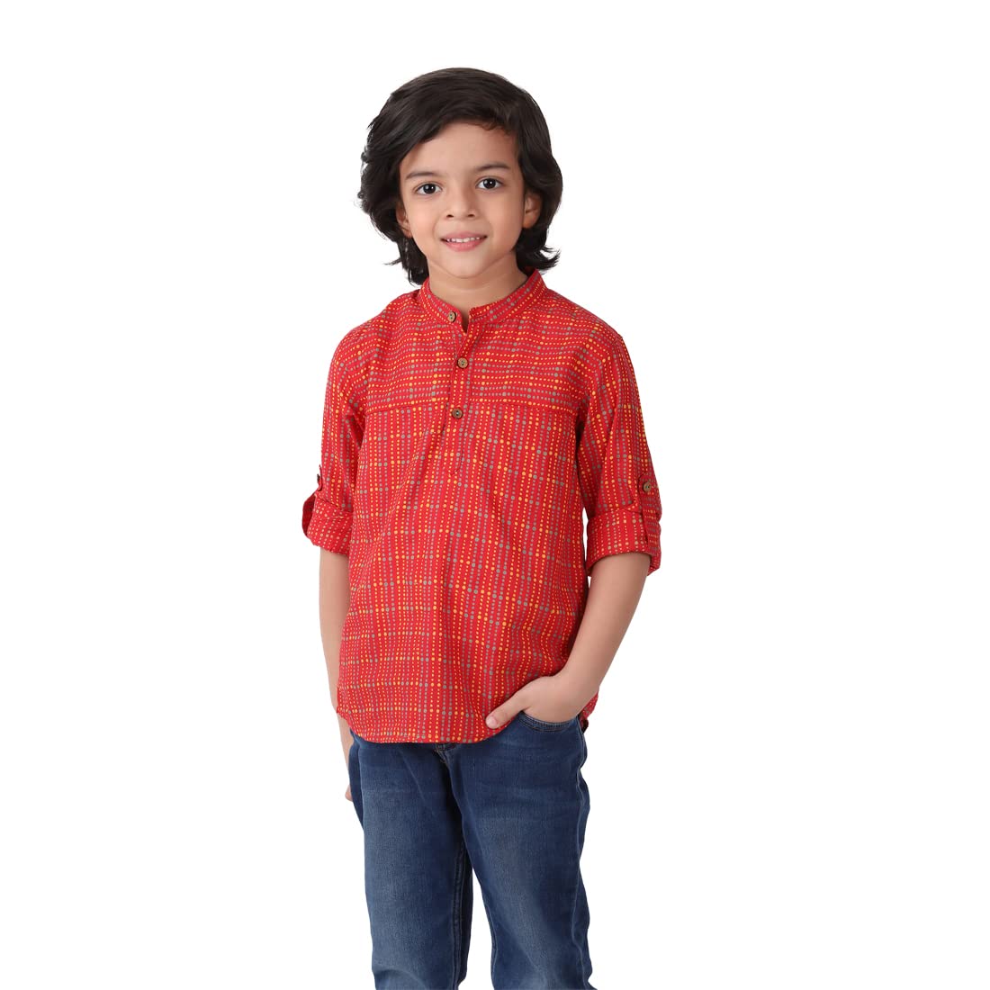 Fabindia Kids Chinese Collar Short Kurta Cotton_10-12Y Red