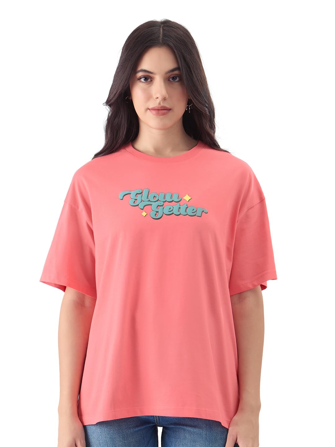 The Souled Store Glow Getter Women and Girls Short Sleeve Round Neck Pink Puff Printed Cotton Oversized Fit T-Shirts Oversized T