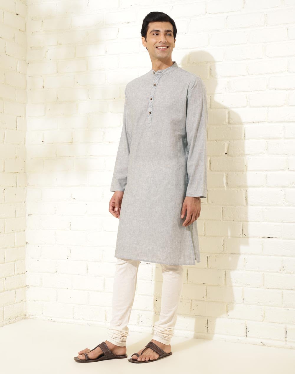 Fabindia MenS Cotton Solid Slim Kurta (1037166Grey_Grey