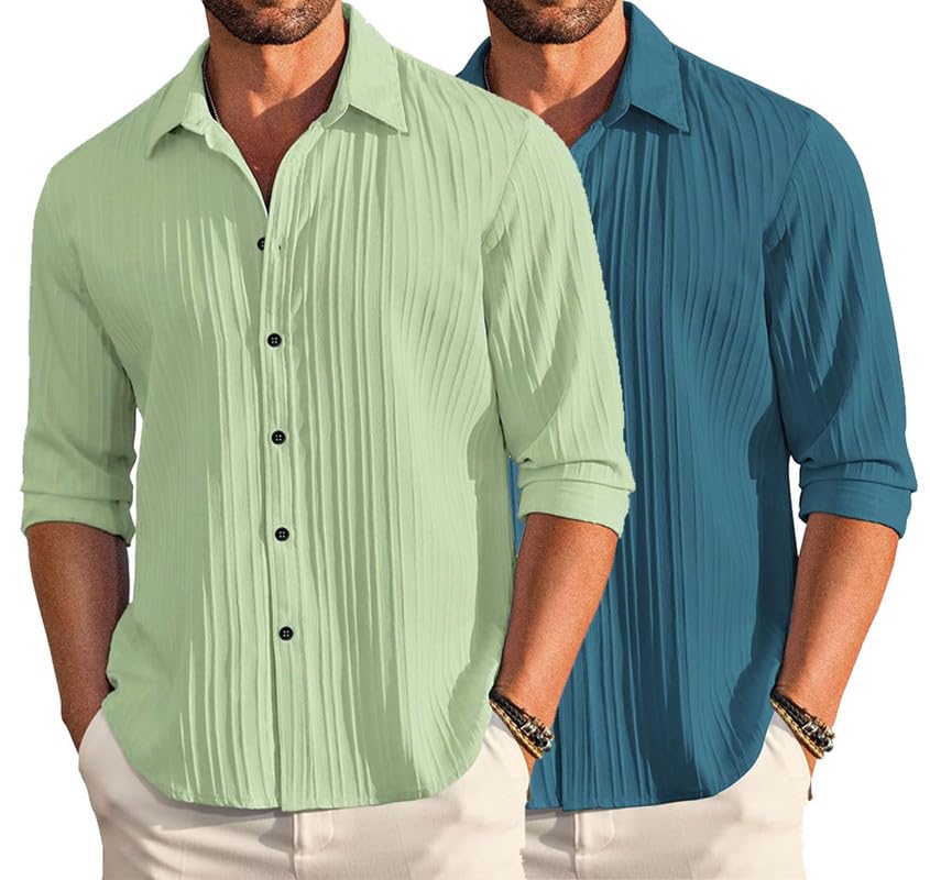 Deelmo Combo Of MenS Casual Button Down Shirts Long Sleeve Linen Shirt Fashion Textured Summer Shirts Pack Of 2