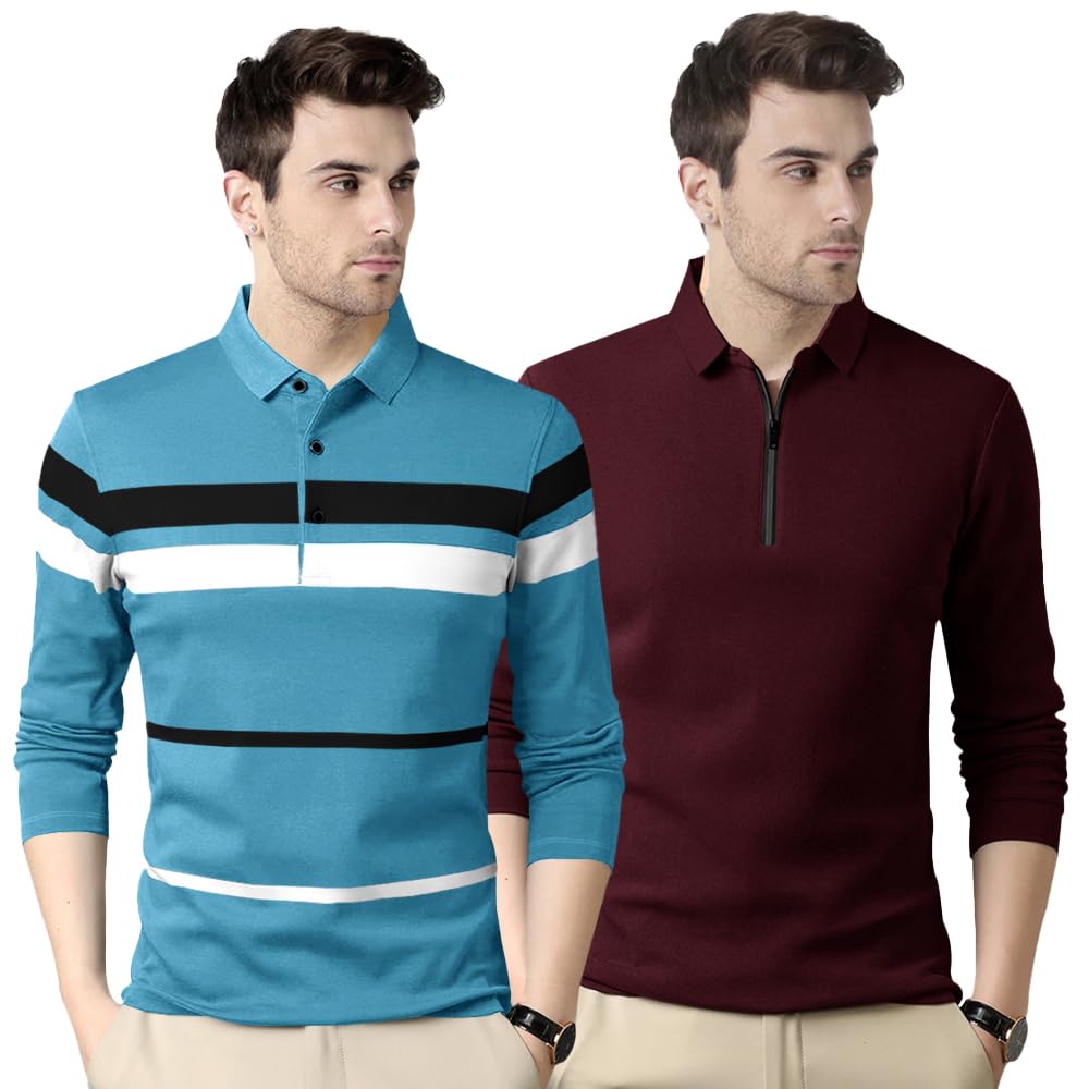 Noble Monk MenS Regular Fit Polo T Shirt |Full Sleeves |Collar Tshirts | Casual T-Shirt For Men