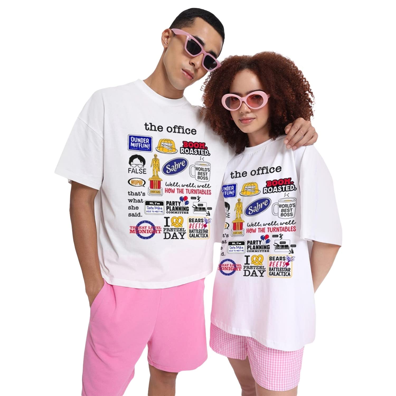 Bewakoof Unisex The Office Doodle Graphic Print Cotton T-Shirt- Oversized Fit, Round Neck, Half Sleeves 585747_White_M