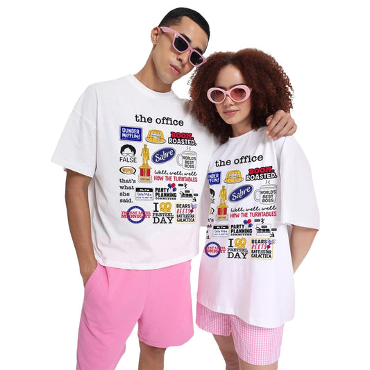 Bewakoof Unisex The Office Doodle Graphic Print Cotton T-Shirt- Oversized Fit, Round Neck, Half Sleeves 585747_White_M