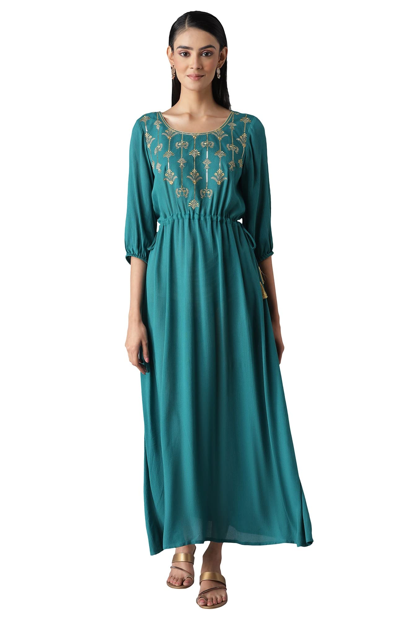 Aurelia Printed Viscose Round Neck Womens Flared Dress (Green, Extra Small)