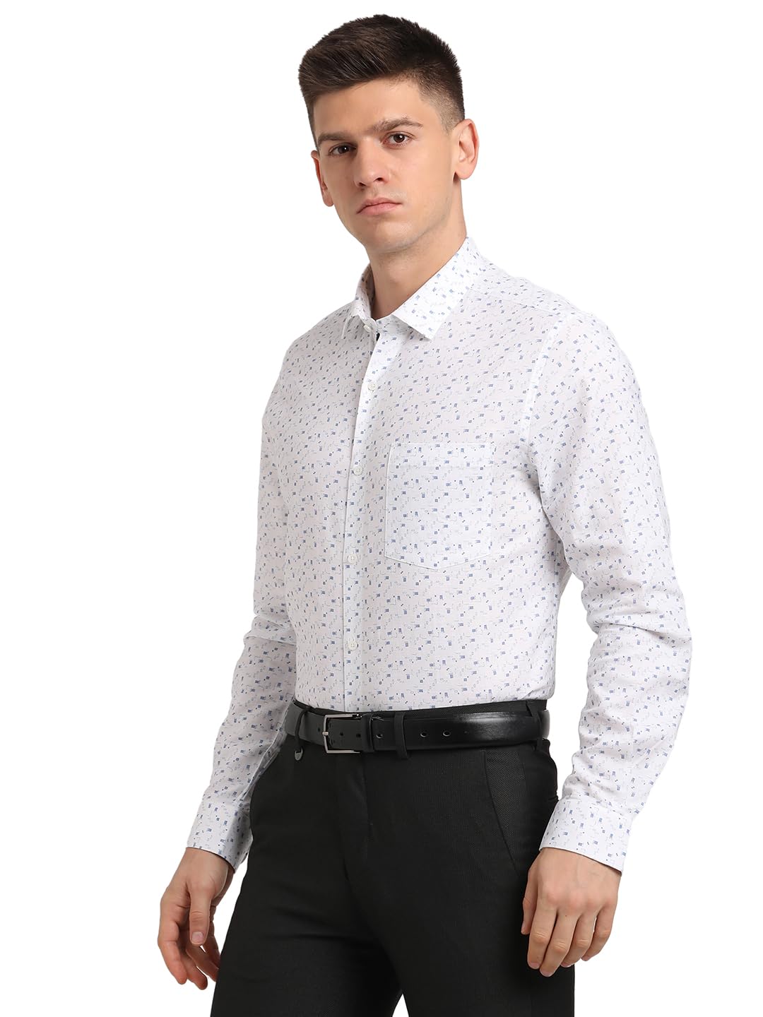 Turtle Men Cotton Linen Slim Fit White Printed Formal Shirt