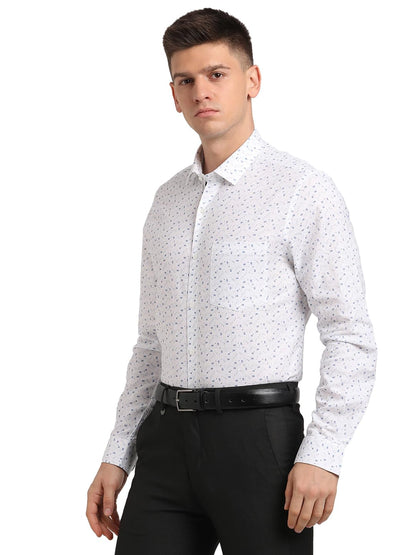 Turtle Men Cotton Linen Slim Fit White Printed Formal Shirt
