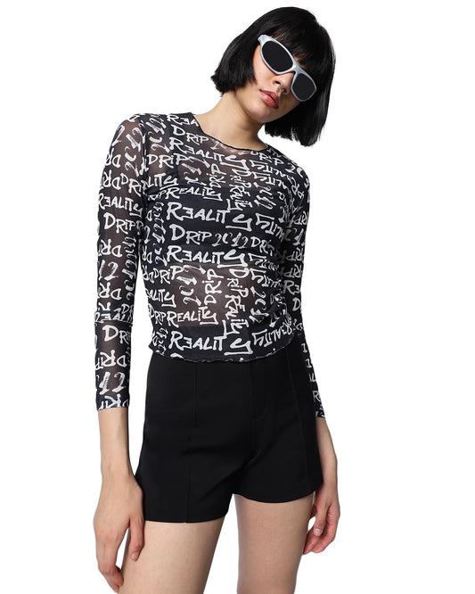 Bewakoof Air 1.0 WomenS All Over Print Slim Fit Full Sleeve Round Neck Poly Mesh Top_584506_Black_3Xl