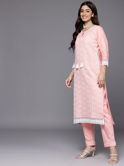 Varanga Women Peach Round Neck Chikankari Straight Kurta With Bottom And Dupatta