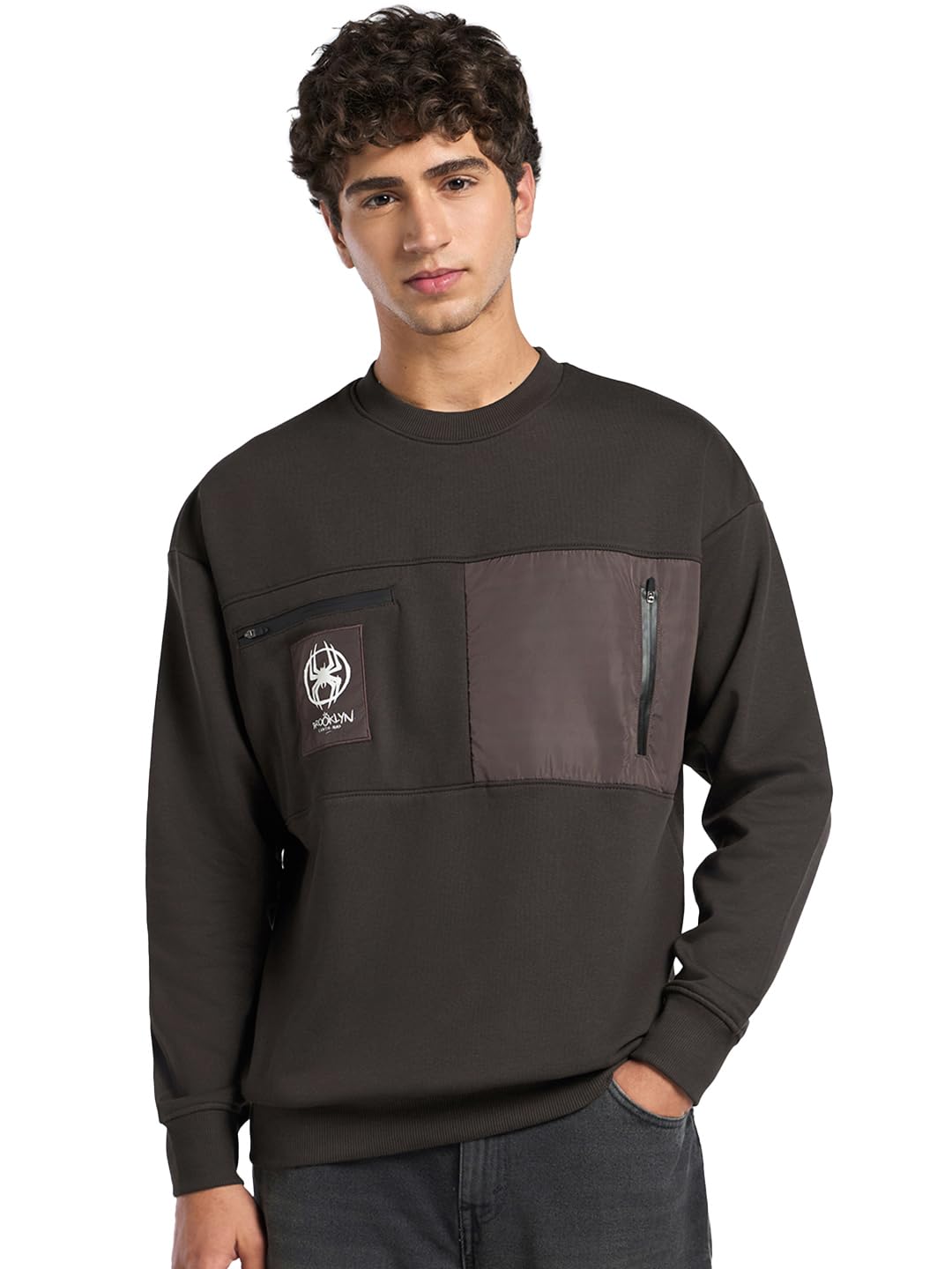 Bewakoof Heavy Duty 1.0 Official Marvel Merchandise Spider Man Men Graphic Print Oversized Fit Full Sleeve Round Neck Fleece Ble