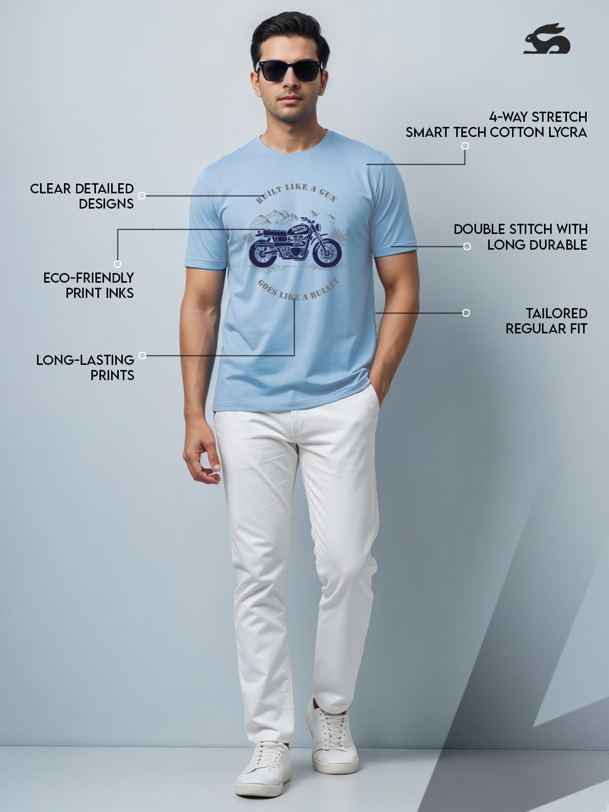 ADRO Men's Royal Bike Design Printed 100% Cotton T-Shirt - Regular Fit, Printed T-Shirts for Men (RN24-RYL-SK_Sky Blue)