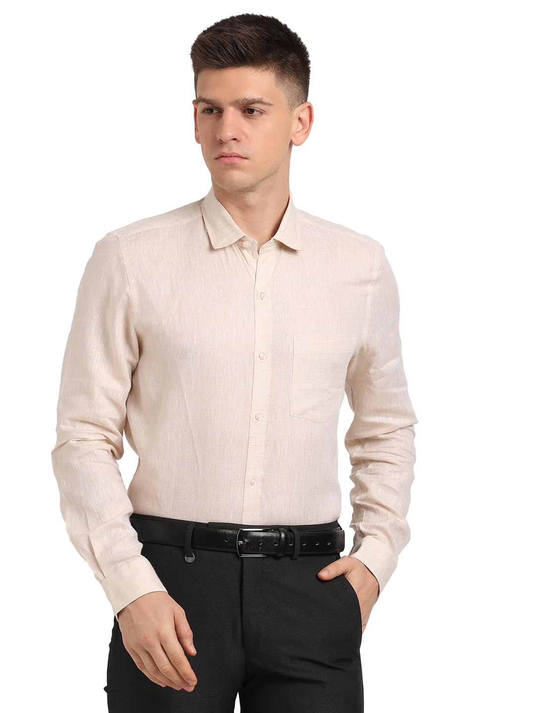 Turtle Men Pure Linen Beige Solid Slim Fit Formal Shirt