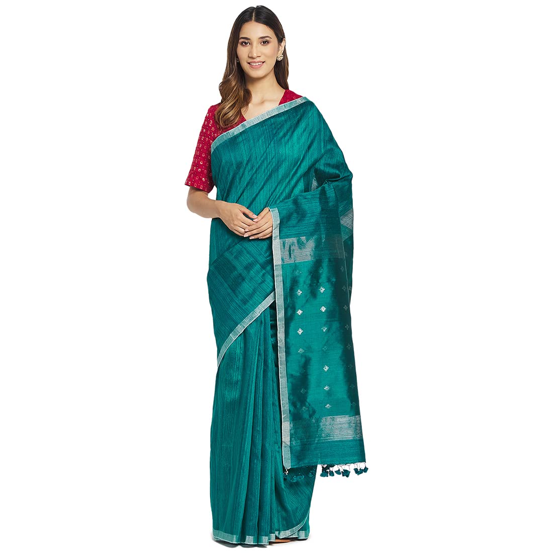 Fabindia Women Silk Jamdani Sari Teal_Freesize