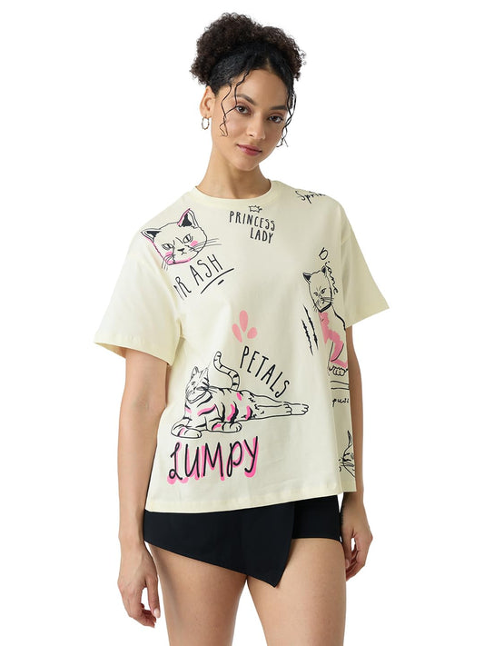 The Souled Store Official The Office: Angelas Cats Womens and Girls Oversized fit Graphic Prnited Half Sleeve Cotton White Colo