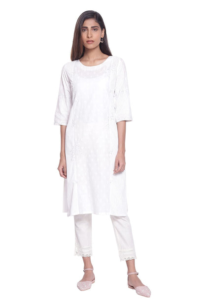W for Woman Women Cotton Stripe & Floral Print Regular Kurta